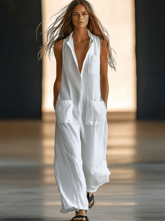 Casual Loose Retro White Linen Sleeveless Wide Leg Jumpsuit