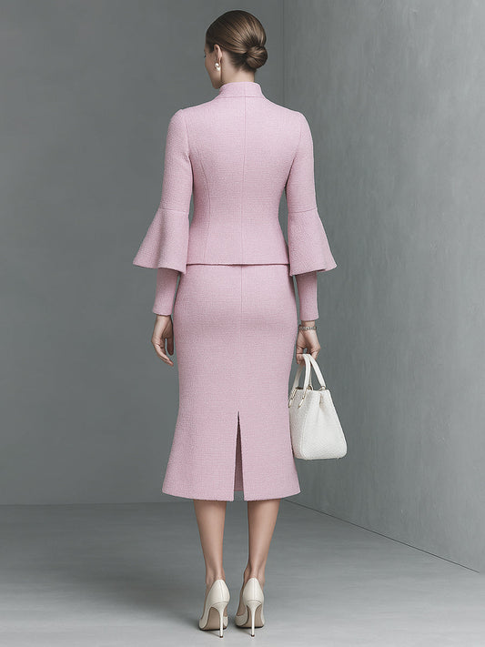 Elegant Pink Tweed Jacket and Skirt Set with Bow Tie