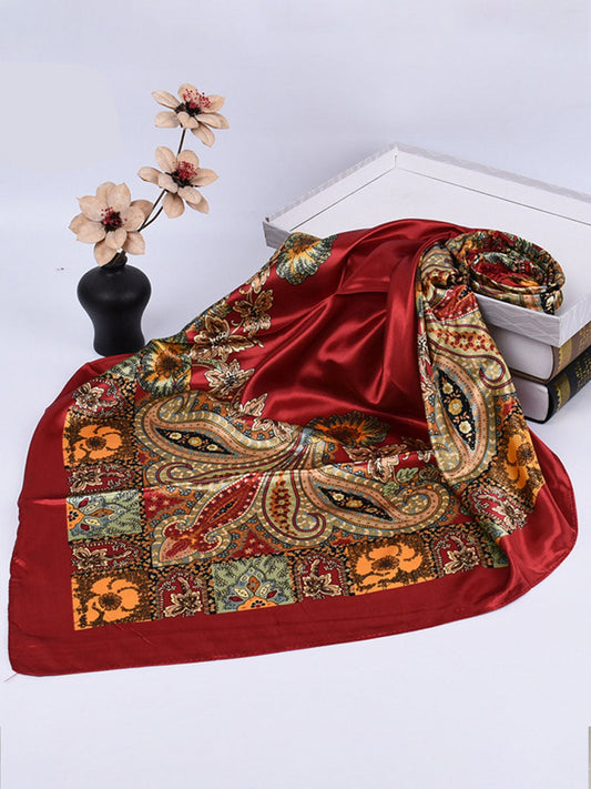 Vintage Bohemian Paisley Print Satin Square Scarf Accessory