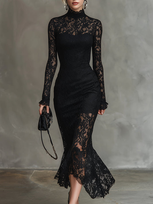 Black Lace Wedding Guest Maxi Dress – Long Sleeve Fishtail