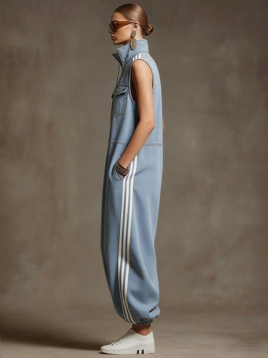 Retro Style Light Blue Denim Sleeveless Jumpsuit With Ribbon Detail
