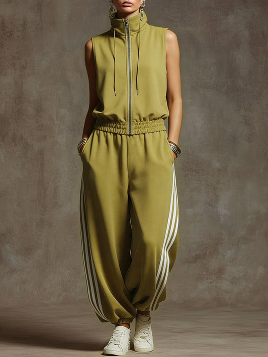 BXL Retro Sporty Sleeveless Sweatshirt Balloon Pants Set Yellow Green