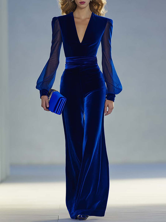 Elegant V-Neck Mesh Long Sleeve Velvet Jumpsuit for Women
