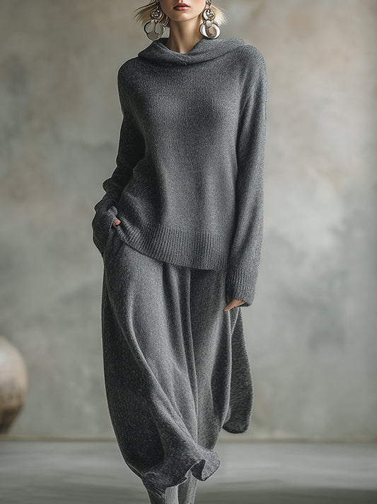 Elegant Minimalist Gray Hooded Sweater Skirt Set for Cozy Style