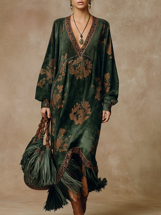 Green Faux Suede Tassel Maxi Dress with Retro Print