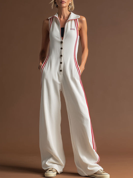 BXL Sporty Retro Sleeveless Jumpsuit with Red Ribbon Accents