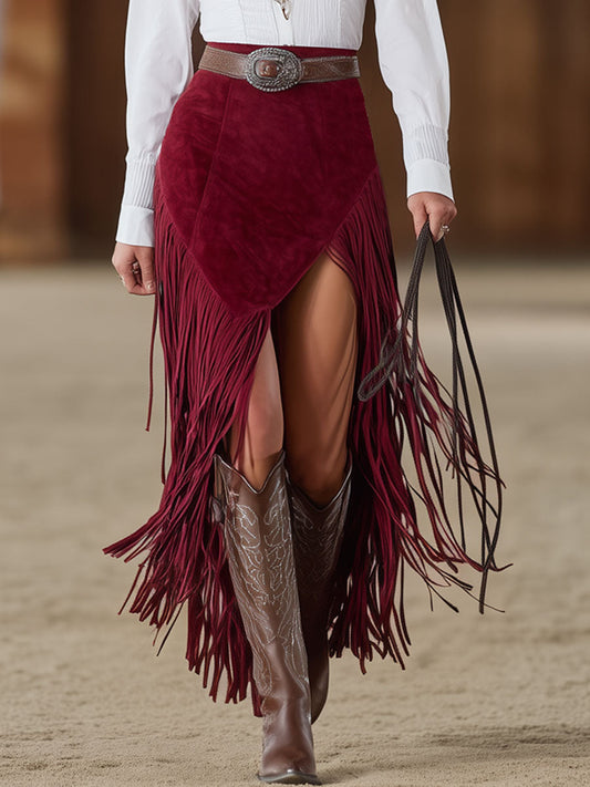 BXL Western Retro Red Faux Suede Fringe Slit Midi Skirt