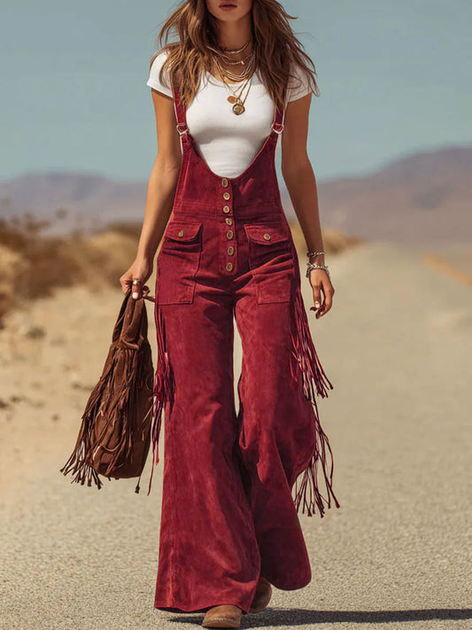 Brown Micro-Suede Tassel Wide-Leg Overalls with Practical Pockets