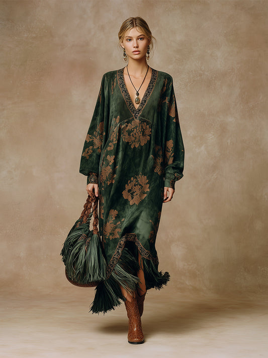 Green Faux Suede Tassel Maxi Dress with Retro Print