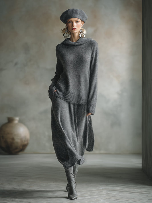 Elegant Minimalist Gray Hooded Sweater Skirt Set for Cozy Style