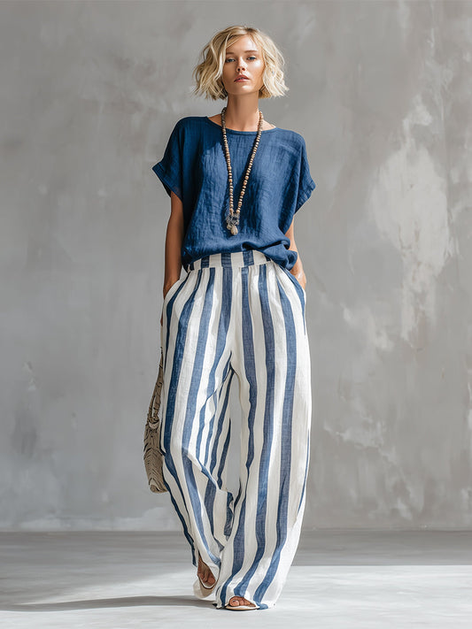 Elegant Blue Cotton Linen T-Shirt and Striped Wide-Leg Pant Set