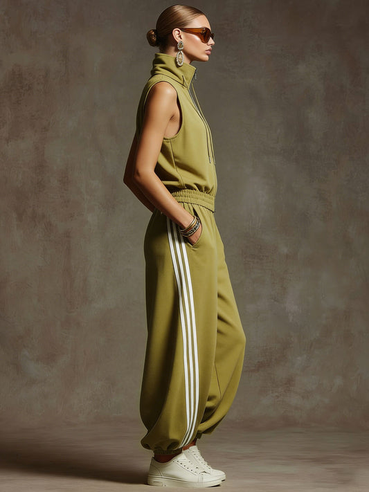 BXL Retro Sporty Sleeveless Sweatshirt Balloon Pants Set Yellow Green
