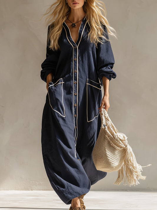 Elegant Navy Blue Cotton Linen Blend Maxi Dress With Buttons