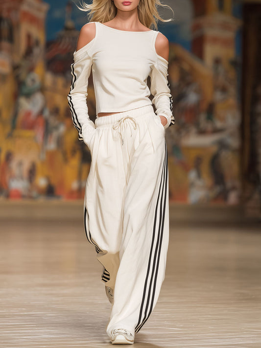 Sporty Off-The-Shoulder Long-Sleeved Top And Matching Pants Set