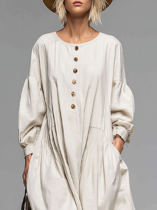 Cotton Long-Sleeved Midi Dress With Functional Pockets Beige