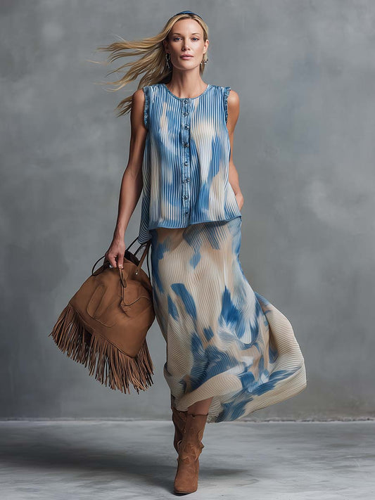 Western Retro Print Chiffon Two Piece Skirt Set Beige Blue