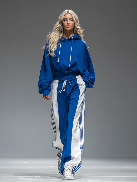 QMY Retro Sporty Hoodie and Striped Wide Leg Pants Set