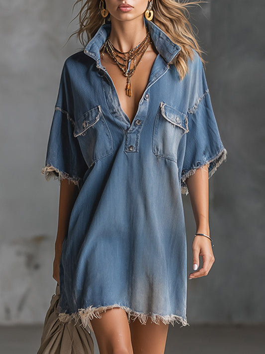 GY Blue Denim Mini Dress with Frayed Hem and Lapel