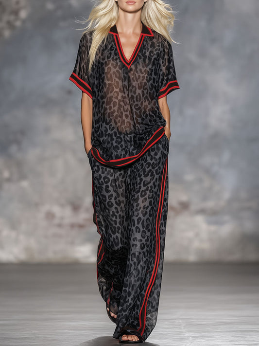Stylish Leopard Print Chiffon Short-Sleeved Top And Trouser Set