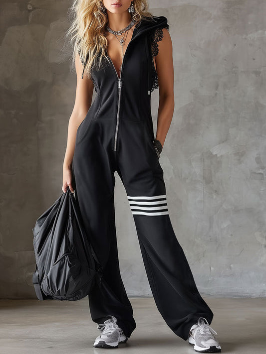 BXL Retro Sporty Sleeveless Hooded Jumpsuit with Lace and Pockets