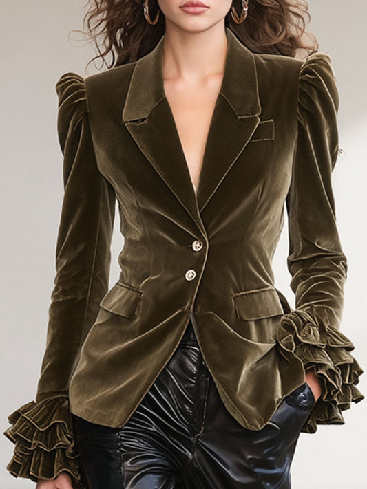 Elegant Dark Green Velvet Blazer With Ruffled Cuffs And Lapel
