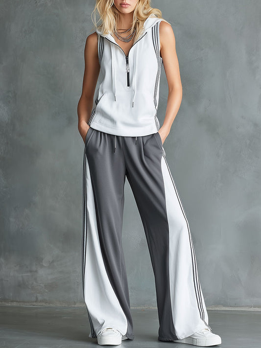 Casual Color-Block Hooded Sleeveless Top and Wide-Leg Pants Set