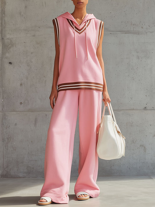 BXL Retro Sporty Sleeveless Hooded Sweatshirt Wide-Leg Pants Set Pink