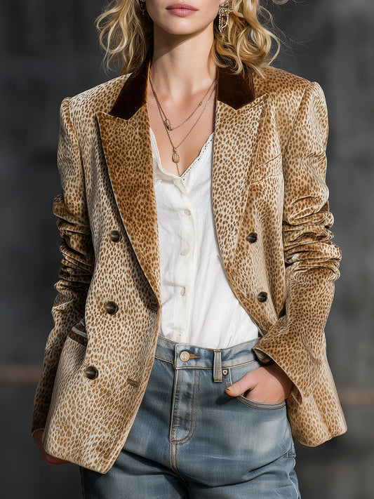 Stylish Leopard Print Velvet Blazer with Color-Block Collar Design