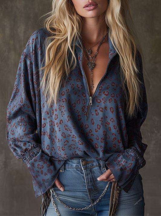 Blue Leopard Print Faux Suede Half-Zip Western Shirt
