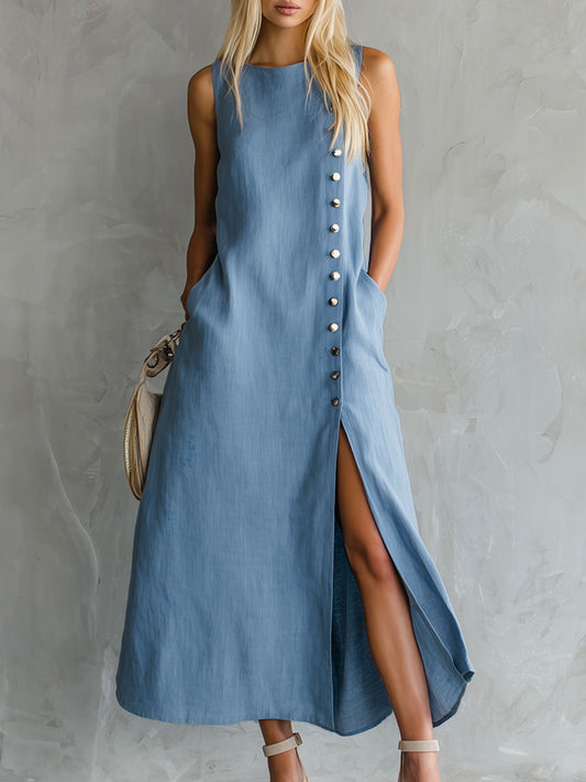 Breathable Blue Cotton Sleeveless Midi Dress with Side Slits