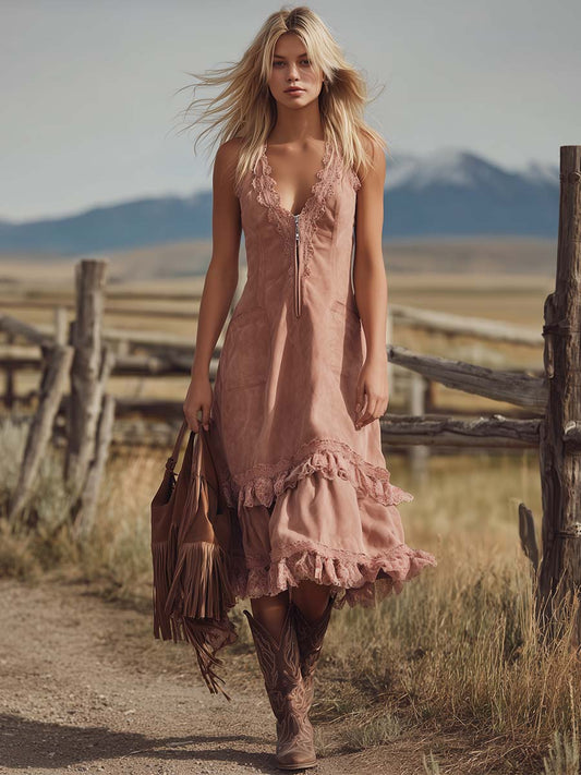 CSS Vintage Western Faux Suede Midi Dress Lace Pink