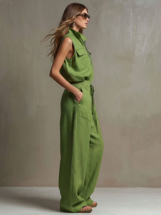 Retro Green Cotton Linen Sleeveless Zip-Up Shirt Wide-Leg Pants Set
