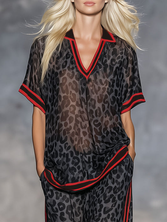 Stylish Leopard Print Chiffon Short-Sleeved Top And Trouser Set