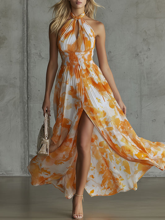 Orange Floral Halter Neck Flowy Chiffon Maxi Vacation Dress