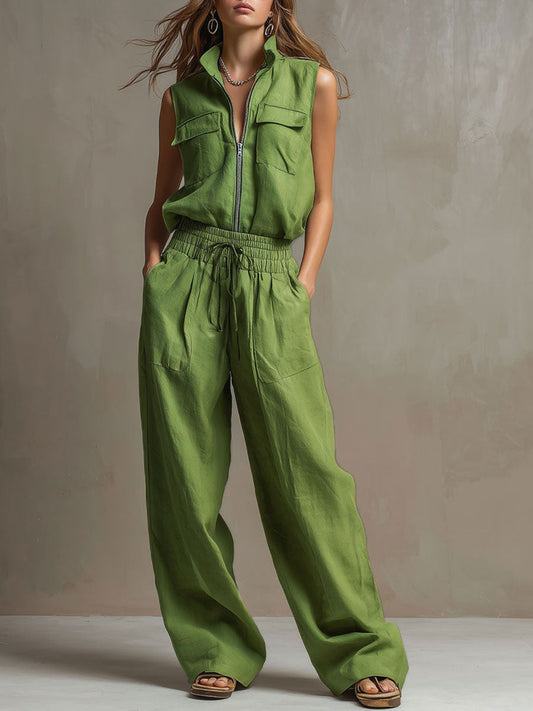 Retro Green Cotton Linen Sleeveless Zip-Up Shirt Wide-Leg Pants Set