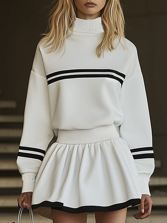 GY Sporty Striped Long Sleeve Sweatshirt Mini Dress White
