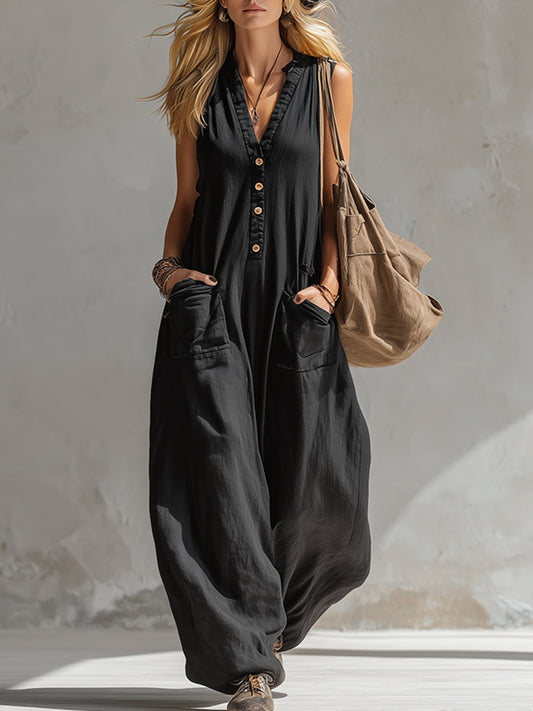 Elegant Black Cotton Linen Sleeveless V-Neck Jumpsuit With Pockets