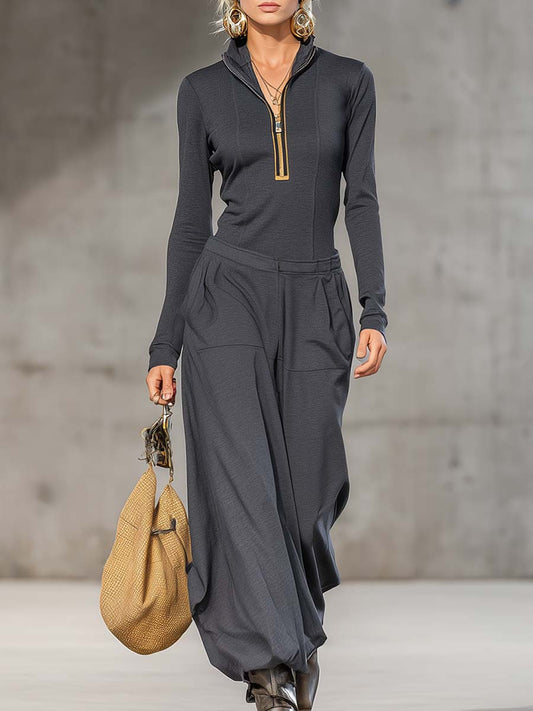 Casual Retro Half-High Collar Zipper Top And Wide Leg Pants Set