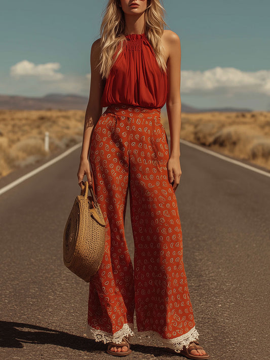 XWC Western Retro Print Sleeveless Shirt And Trousers Set Red