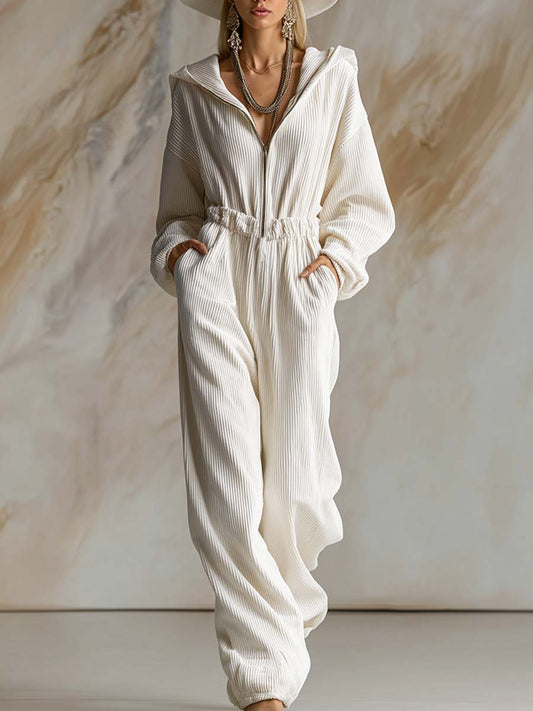 Loose Fit White Corduroy Hooded Long Sleeve Zip Front Jumpsuit