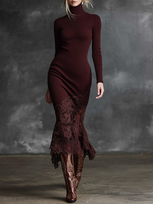 Burgundy High-Neck Knitted Maxi Dress With Lace Hem