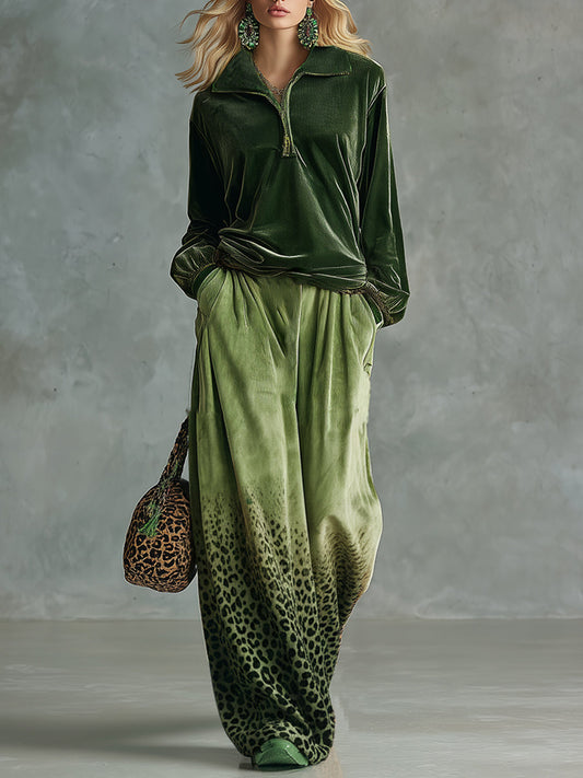 Retro Green Velvet Collared Top and Leopard Wide-Leg Pants Set
