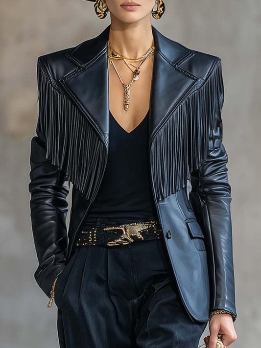 Vintage Style Black Faux Leather Blazer with Shoulder Tassel Details