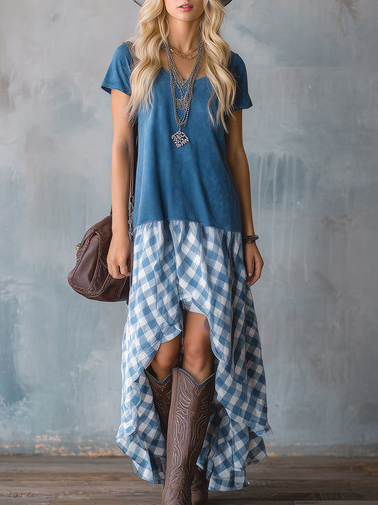 GY Retro Blue Faux Suede Patchwork Plaid Short Sleeve Maxi Dress