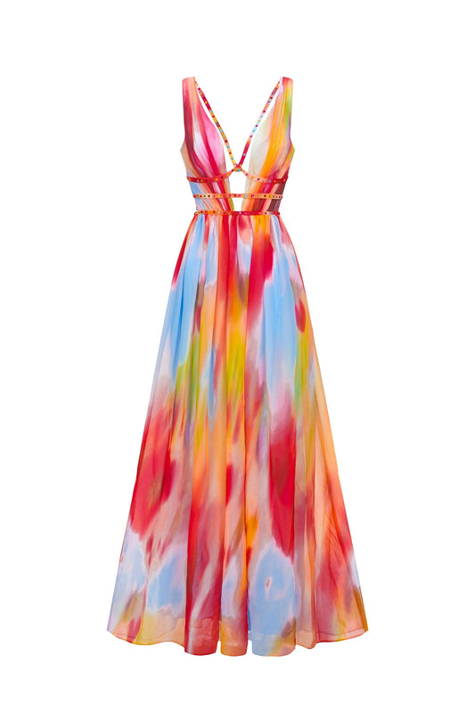 Multicolour Summer Wedding Guest Maxi Dress for Women | Open Back Occasion Dress