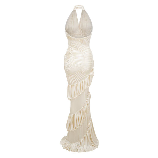 Ivory Summer Maxi Dress for Women | Halter Ruched Formal Occasion Dress - AMELIÈR VORÈ