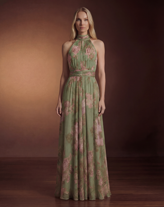Sage Green Floral Wedding Guest Maxi Dress for Women | Summer Halter Occasion Dress