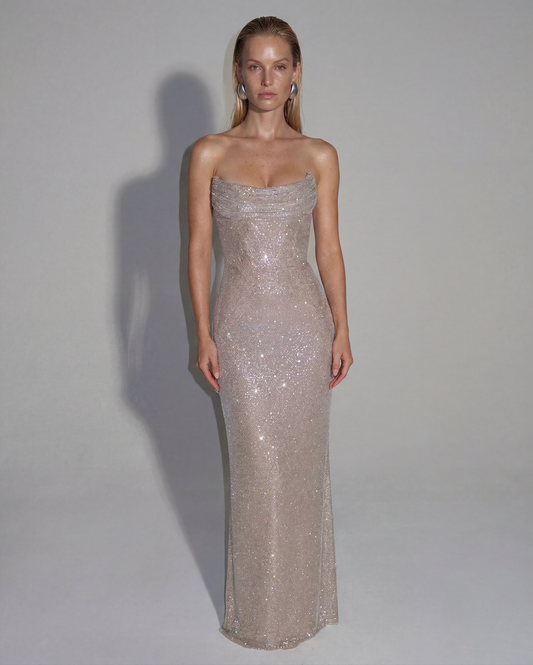 Burgundy Sequin Maxi Dress for Women – Strapless Corset Back Wedding Guest Evening Gown - AMELIÈR VORÈ