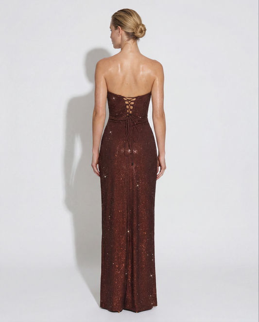 Burgundy Sequin Maxi Dress for Women – Strapless Corset Back Wedding Guest Evening Gown - AMELIÈR VORÈ