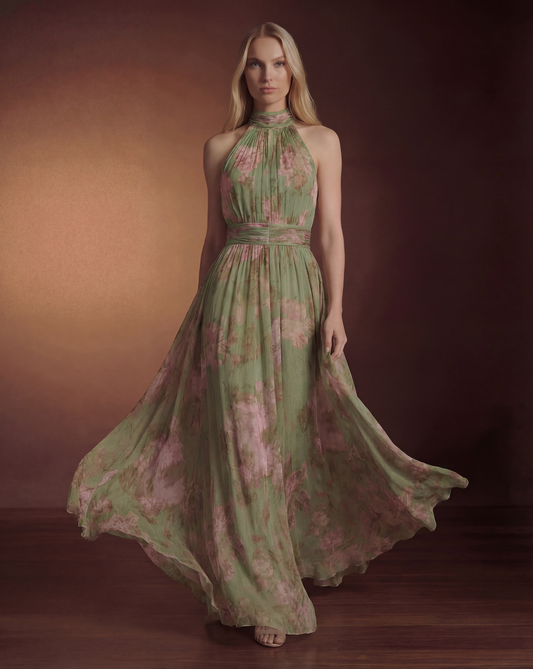 Sage Green Floral Wedding Guest Maxi Dress for Women | Summer Halter Occasion Dress - AMELIÈR VORÈ